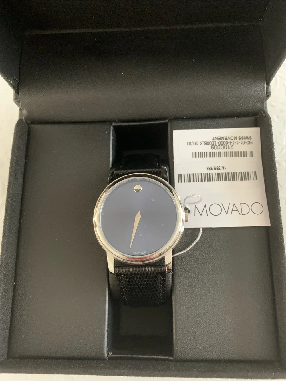 Movado Men's/Women’s Blue Dial Watch with Black Leather Strap